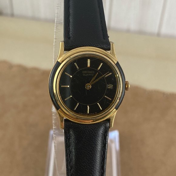 Gold and Black Enamel Bezel Seiko Watch New Black Leather Strap - Picture 1 of 9